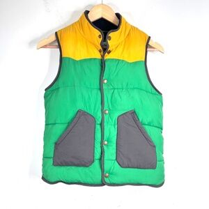 Mini Boden Colorblock Puffer Vest 9-10Y Snap Pockets Green Yellow Outdoor Fall